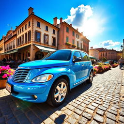 A bright blue Chrysler PT Cruiser parked on a cobblestone street lined with vibrant flowers