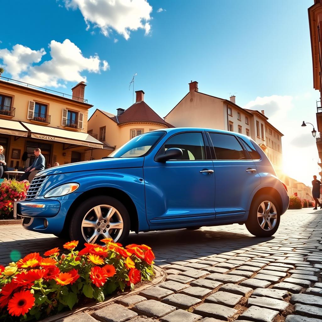 A bright blue Chrysler PT Cruiser parked on a cobblestone street lined with vibrant flowers