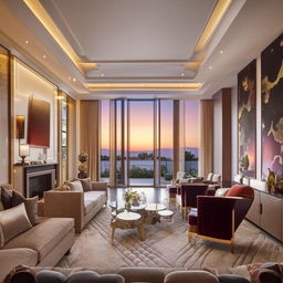 A large, exquisite living room showcasing state-of-the-art decor with lavish furnishings and contemporary design elements.