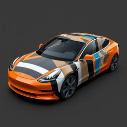 A 2D wrap design for a Tesla Model 3 Performance featuring a creative arrangement of various colors of masking tape, duct tape, and stretch film, giving the impression that the car is held together by these materials