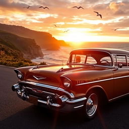 A classic Chevy car parked on a scenic coastal road during sunset, the warm golden light reflecting off its polished chrome finish