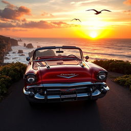 A classic Chevy car parked on a scenic coastal road during sunset, the warm golden light reflecting off its polished chrome finish