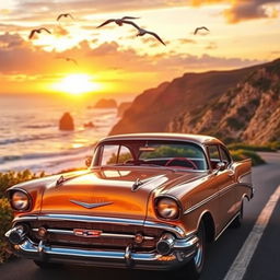 A classic Chevy car parked on a scenic coastal road during sunset, the warm golden light reflecting off its polished chrome finish