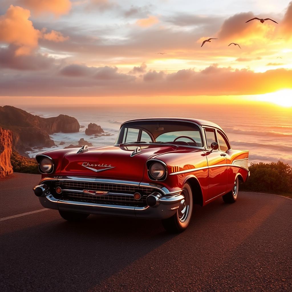 A classic Chevy car parked on a scenic coastal road during sunset, the warm golden light reflecting off its polished chrome finish