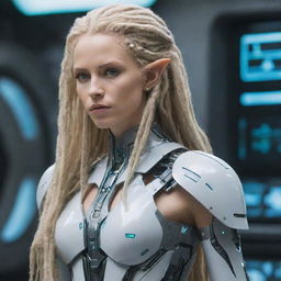 A cybernetic elf displaying futuristic machine aesthetics, with long blond dreadlocks that echo earthy elements.