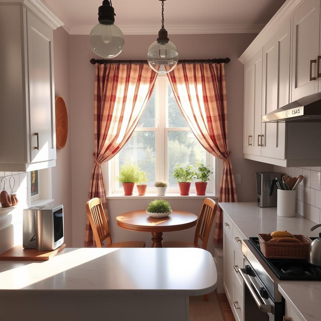 A cozy small kitchen designed in a modern style, featuring white cabinets, a marble countertop, and stainless steel appliances