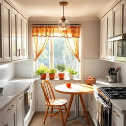 A cozy small kitchen designed in a modern style, featuring white cabinets, a marble countertop, and stainless steel appliances