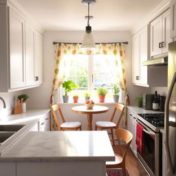 A cozy small kitchen designed in a modern style, featuring white cabinets, a marble countertop, and stainless steel appliances