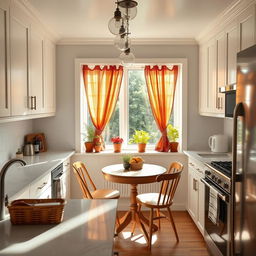 A cozy small kitchen designed in a modern style, featuring white cabinets, a marble countertop, and stainless steel appliances