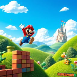 A vibrant and whimsical landscape featuring a classic Super Mario-themed scene with lush green hills and a bright blue sky