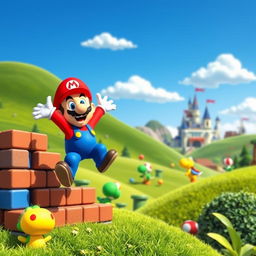 A vibrant and whimsical landscape featuring a classic Super Mario-themed scene with lush green hills and a bright blue sky