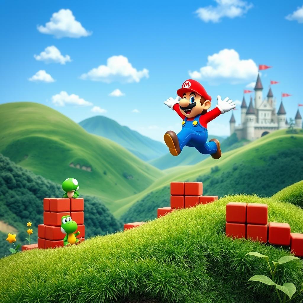 A vibrant and whimsical landscape featuring a classic Super Mario-themed scene with lush green hills and a bright blue sky