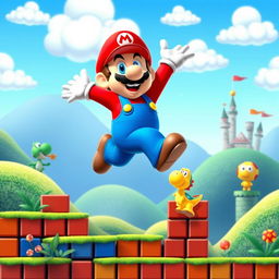 A vibrant and whimsical landscape featuring a classic Super Mario-themed scene with lush green hills and a bright blue sky