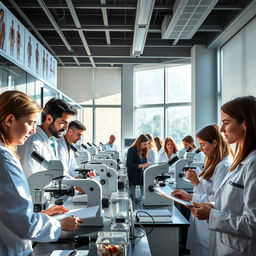 A dynamic scene in a modern pathology laboratory in Germany, showcasing a diverse group of pathology students engaged in practical learning