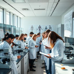 A dynamic scene in a modern pathology laboratory in Germany, showcasing a diverse group of pathology students engaged in practical learning