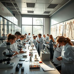 A dynamic scene in a modern pathology laboratory in Germany, showcasing a diverse group of pathology students engaged in practical learning