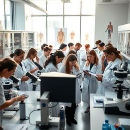 A dynamic scene in a modern pathology laboratory in Germany, showcasing a diverse group of pathology students engaged in practical learning