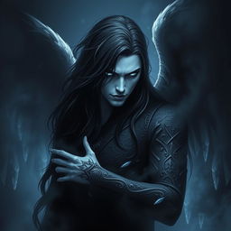 A fallen Aasimar named Aron, depicted as a dark angel of death