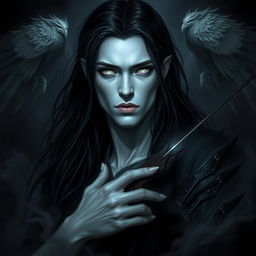 A fallen Aasimar named Aron, depicted as a dark angel of death