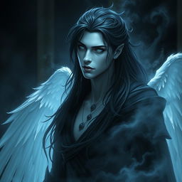 A fallen Aasimar named Aron, depicted as a dark angel of death