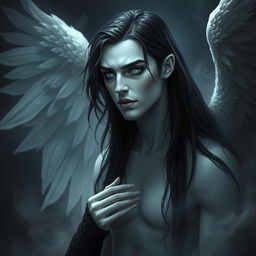 A fallen Aasimar named Aron, depicted as a dark angel of death