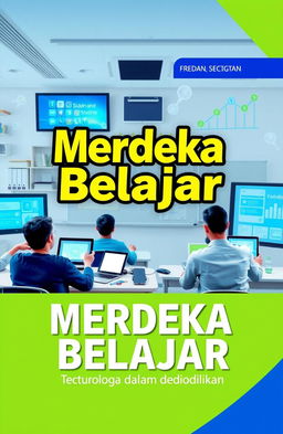 A visually engaging cover design for a book titled 'Merdeka Belajar: Memanfaatkan Teknologi dalam Pendidikan', featuring a modern classroom setting with students using laptops, tablets, and digital whiteboards