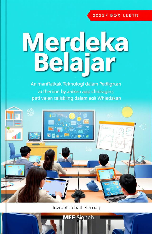 A visually engaging cover design for a book titled 'Merdeka Belajar: Memanfaatkan Teknologi dalam Pendidikan', featuring a modern classroom setting with students using laptops, tablets, and digital whiteboards