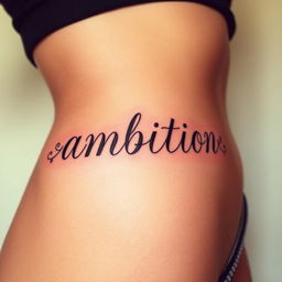 A beautiful and artistic tattoo featuring the word "ambition" elegantly inked on the lower abdomen