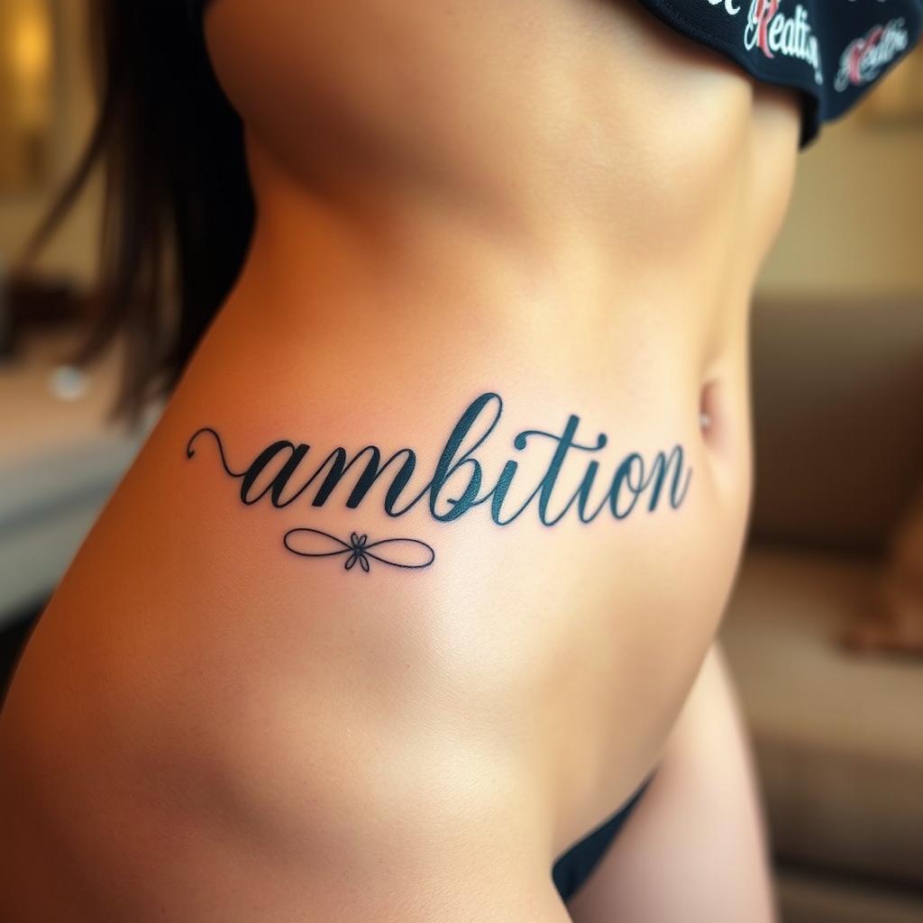 A beautiful and artistic tattoo featuring the word "ambition" elegantly inked on the lower abdomen