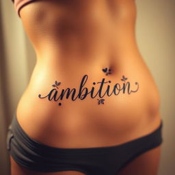 A beautiful and artistic tattoo featuring the word "ambition" elegantly inked on the lower abdomen