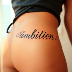 A beautiful and artistic tattoo featuring the word "ambition" elegantly inked on the lower abdomen