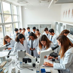 A vibrant scene inside a pathology laboratory at Aachen University, Germany, featuring a diverse group of pathology students engaged in hands-on experiments