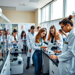 A vibrant scene inside a pathology laboratory at Aachen University, Germany, featuring a diverse group of pathology students engaged in hands-on experiments