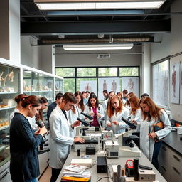 A vibrant scene inside a pathology laboratory at Aachen University, Germany, featuring a diverse group of pathology students engaged in hands-on experiments