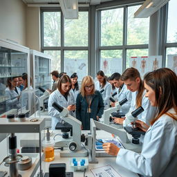 A vibrant scene inside a pathology laboratory at Aachen University, Germany, featuring a diverse group of pathology students engaged in hands-on experiments