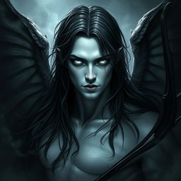 A fallen Aasimar named Aron, depicted as a dark angel of death