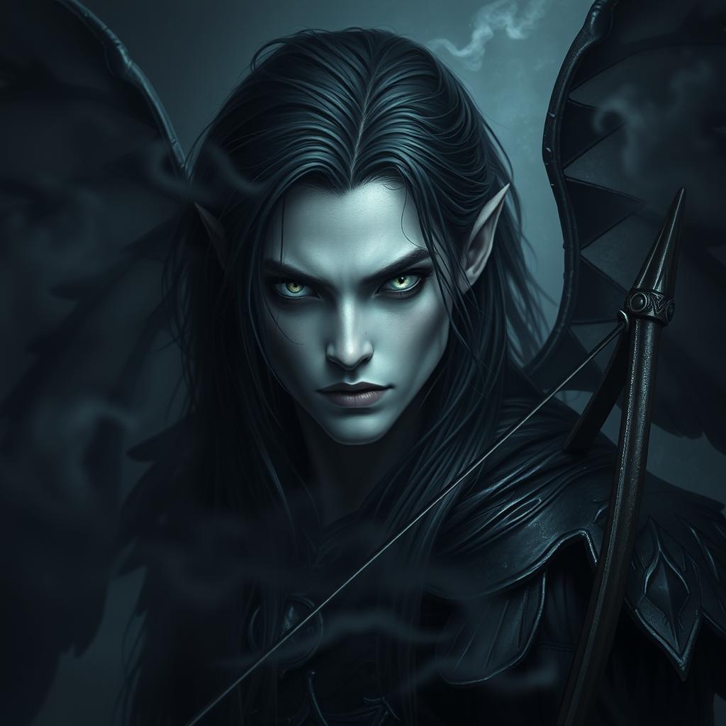 A fallen Aasimar named Aron, depicted as a dark angel of death