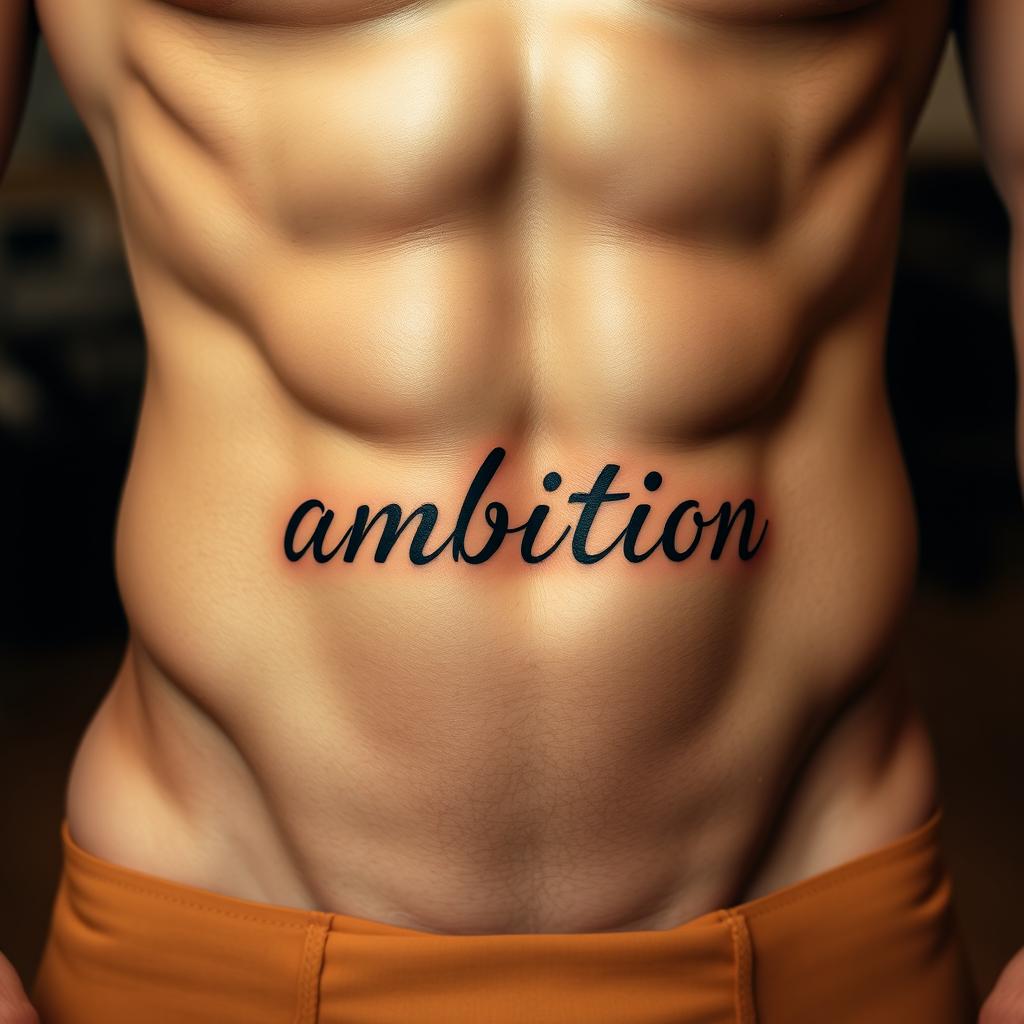 An artistic tattoo showcasing the word "ambition" stylishly inked just below the belly button on a muscular male abdomen