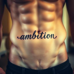 An artistic tattoo showcasing the word "ambition" stylishly inked just below the belly button on a muscular male abdomen