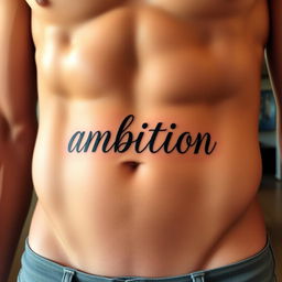 An artistic tattoo showcasing the word "ambition" stylishly inked just below the belly button on a muscular male abdomen