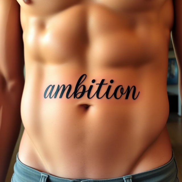 An artistic tattoo showcasing the word "ambition" stylishly inked just below the belly button on a muscular male abdomen