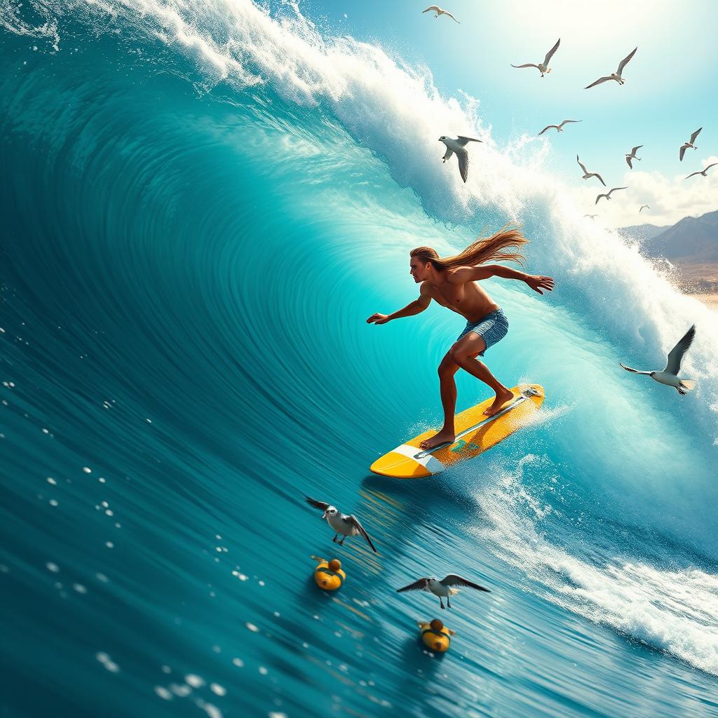 A dynamic and thrilling scene of a surfer riding a massive wave, captured in a vibrant, action-packed style suitable for an action sports magazine cover