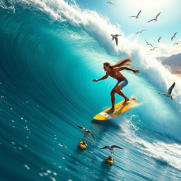 A dynamic and thrilling scene of a surfer riding a massive wave, captured in a vibrant, action-packed style suitable for an action sports magazine cover