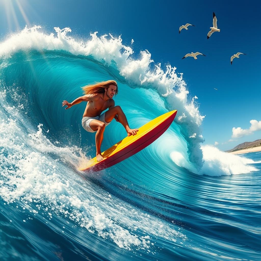 A dynamic and thrilling scene of a surfer riding a massive wave, captured in a vibrant, action-packed style suitable for an action sports magazine cover