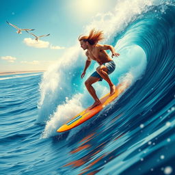 A dynamic and thrilling scene of a surfer riding a massive wave, captured in a vibrant, action-packed style suitable for an action sports magazine cover