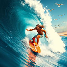 A dynamic and thrilling scene of a surfer riding a massive wave, captured in a vibrant, action-packed style suitable for an action sports magazine cover