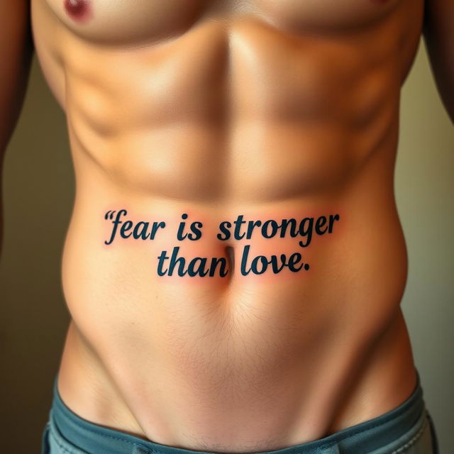 An intricate tattoo featuring the phrase "fear is stronger than love" artistically inked just below the belly button on a well-defined muscular male abdomen