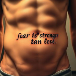 An intricate tattoo featuring the phrase "fear is stronger than love" artistically inked just below the belly button on a well-defined muscular male abdomen