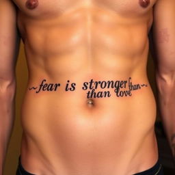 An intricate tattoo featuring the phrase "fear is stronger than love" artistically inked just below the belly button on a well-defined muscular male abdomen