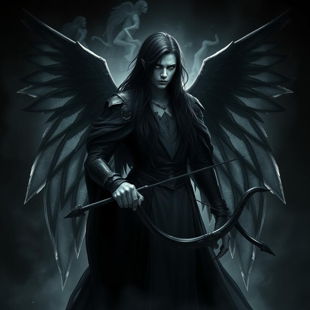 A fallen Aasimar named Aron, portrayed as a dark angel of death with striking black transparent wings that evoke a sense of mystery